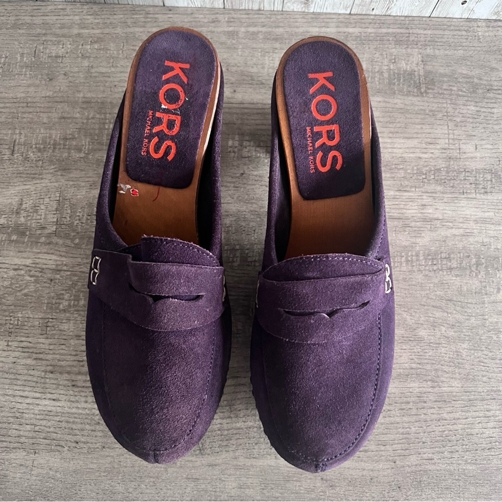 Michael Kors Plum Purple Suede Studded Wooden Clogs Size 7